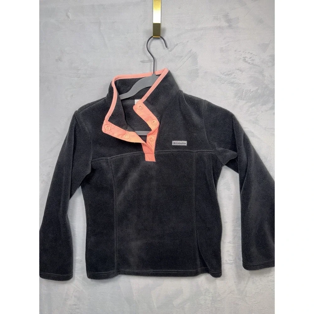 Columbia Girls Fleece Pullover Gray Peach 1/4 Snap Jacket Size M 10/12 1826131